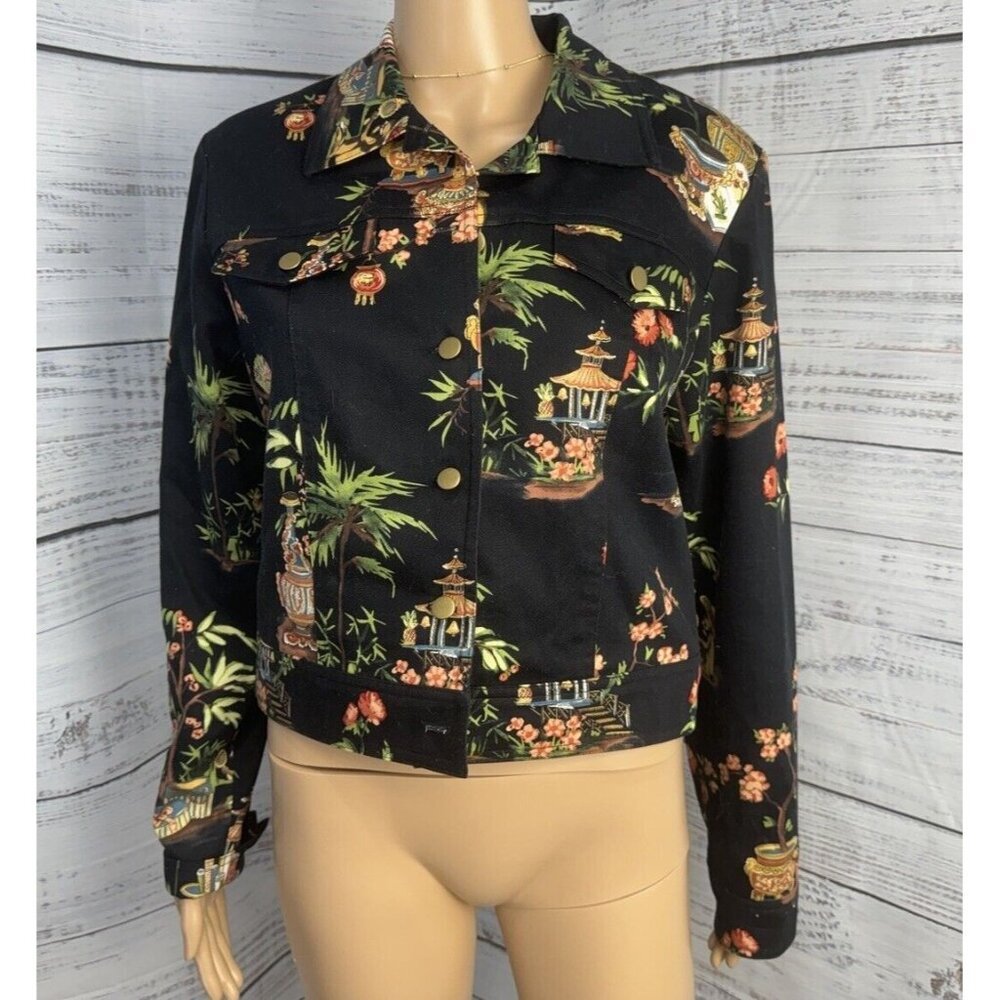 VTG Maggy London 100% Cotton Jacket Asian-Inspired Tropical Print Pagoda Sz 10